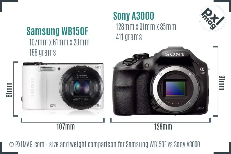 Samsung WB150F vs Sony A3000 size comparison