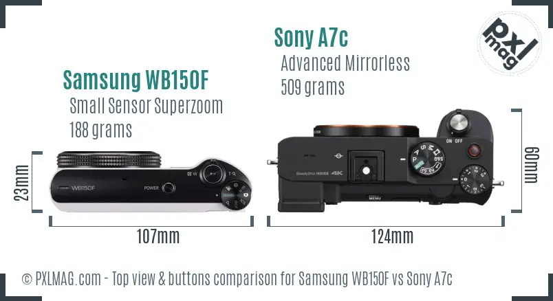 Samsung WB150F vs Sony A7c top view buttons comparison Samsung WB150F vs Sony A7c top view buttons comparison