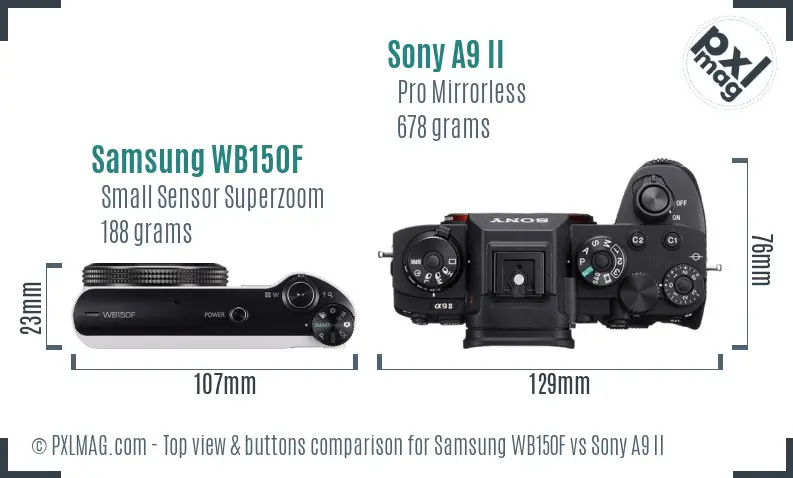 Samsung WB150F vs Sony A9 II top view buttons comparison