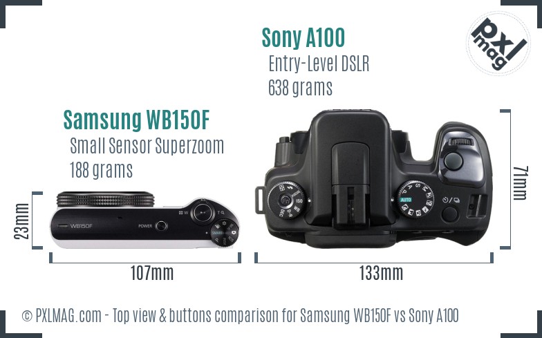 Samsung WB150F vs Sony A100 top view buttons comparison