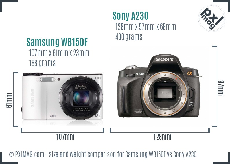 Samsung WB150F vs Sony A230 size comparison