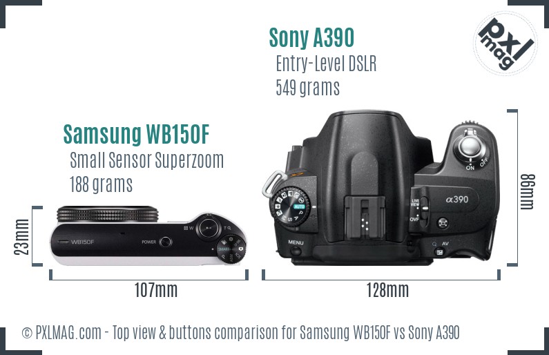 Samsung WB150F vs Sony A390 top view buttons comparison