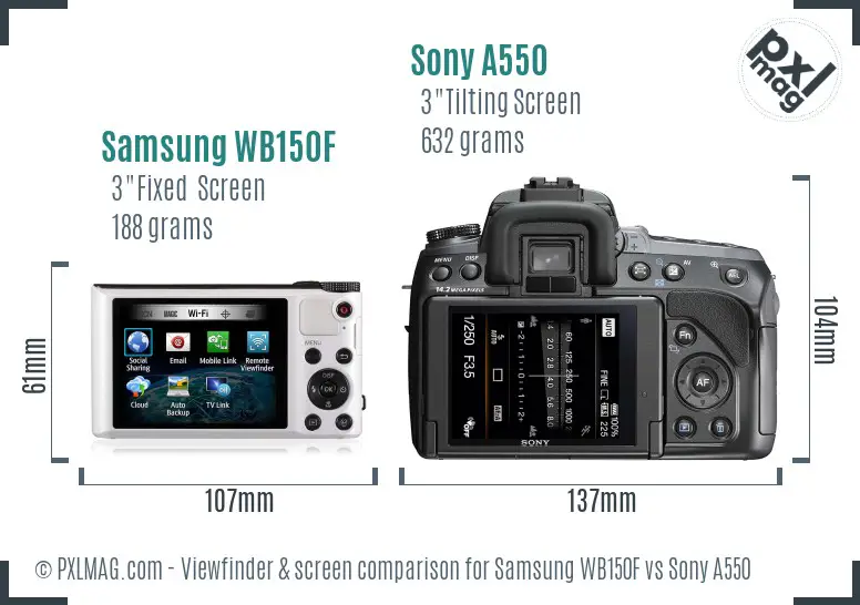 Samsung WB150F vs Sony A550 Screen and Viewfinder comparison