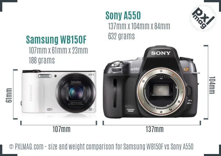 Samsung WB150F vs Sony A550 size comparison