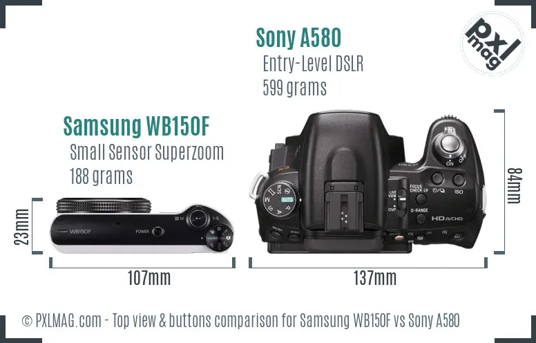 Samsung WB150F vs Sony A580 top view buttons comparison Samsung WB150F vs Sony A580 top view buttons comparison