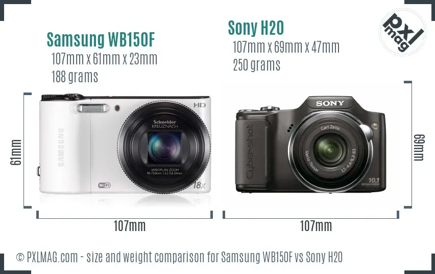 Samsung WB150F vs Sony H20 size comparison