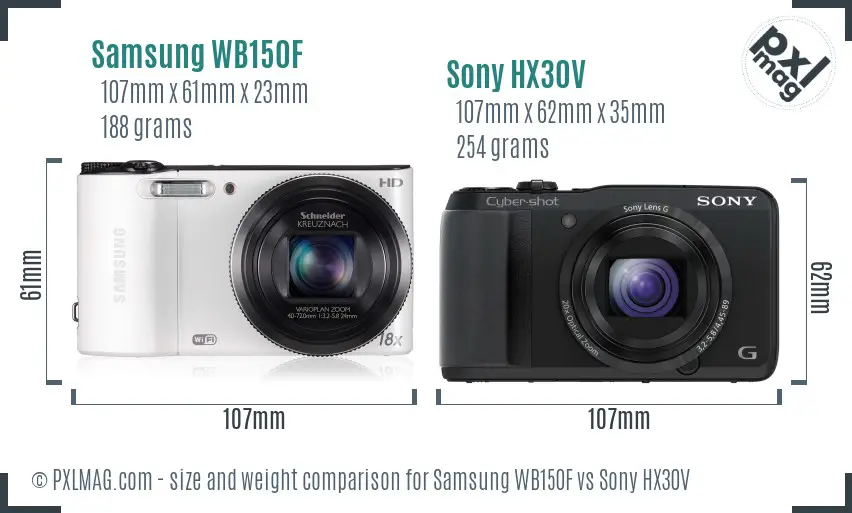 Samsung WB150F vs Sony HX30V size comparison