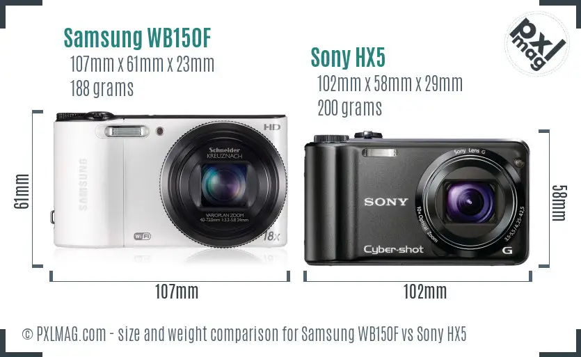 Samsung WB150F vs Sony HX5 size comparison