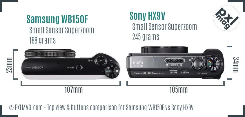 Samsung WB150F vs Sony HX9V top view buttons comparison Samsung WB150F vs Sony HX9V top view buttons comparison