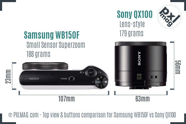 Samsung WB150F vs Sony QX100 top view buttons comparison