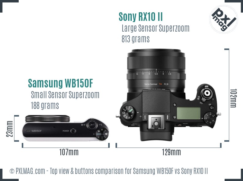 Samsung WB150F vs Sony RX10 II top view buttons comparison