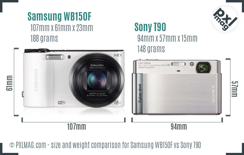 Samsung WB150F vs Sony T90 size comparison