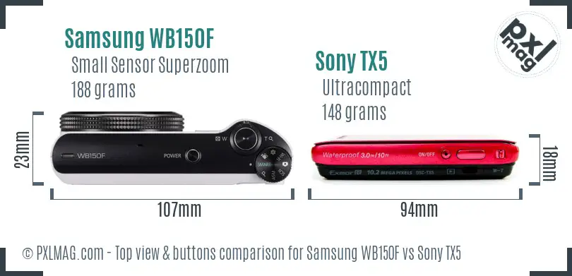 Samsung WB150F vs Sony TX5 top view buttons comparison