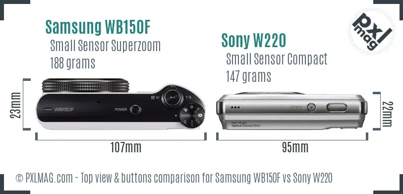 Samsung WB150F vs Sony W220 top view buttons comparison Samsung WB150F vs Sony W220 top view buttons comparison