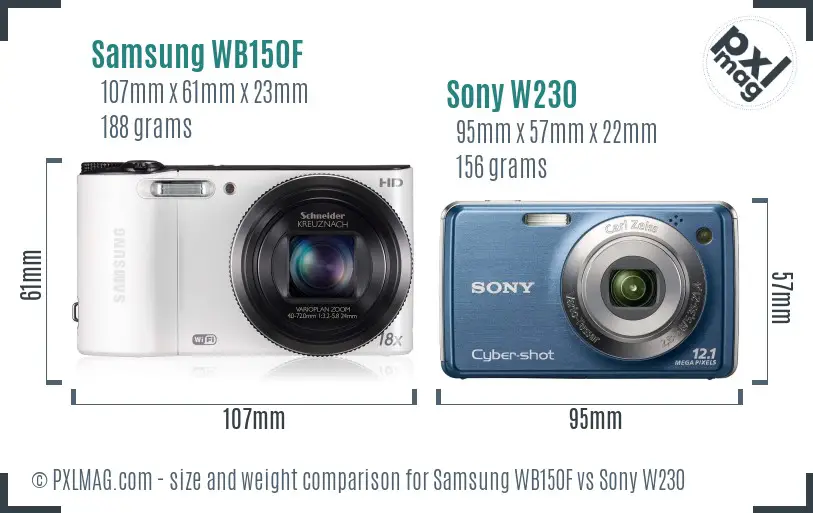 Samsung WB150F vs Sony W230 size comparison