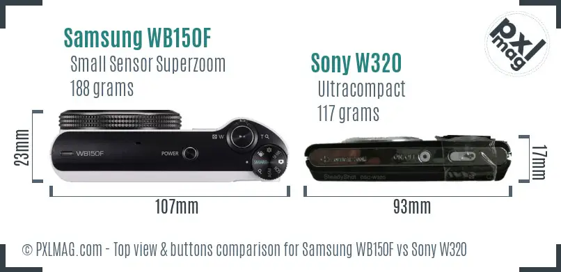 Samsung WB150F vs Sony W320 top view buttons comparison