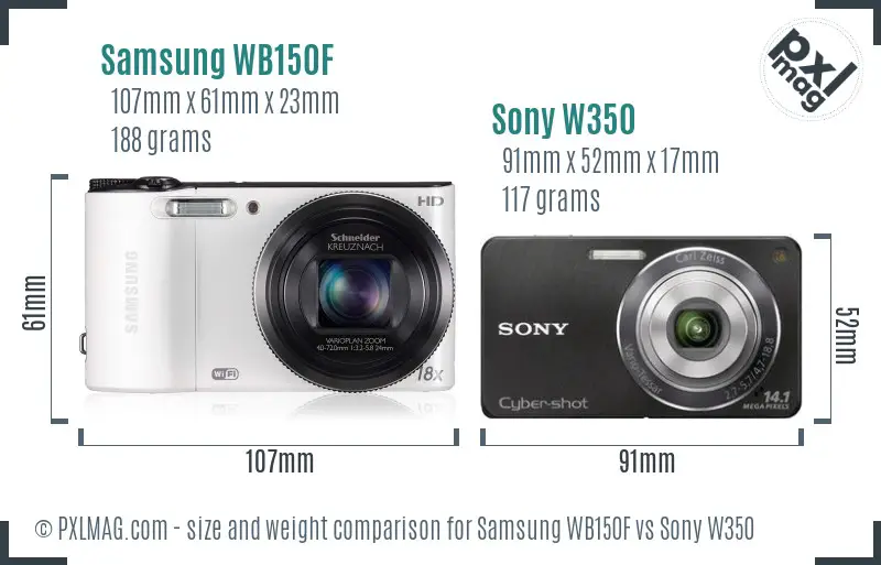 Samsung WB150F vs Sony W350 size comparison