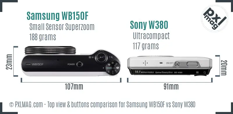 Samsung WB150F vs Sony W380 top view buttons comparison