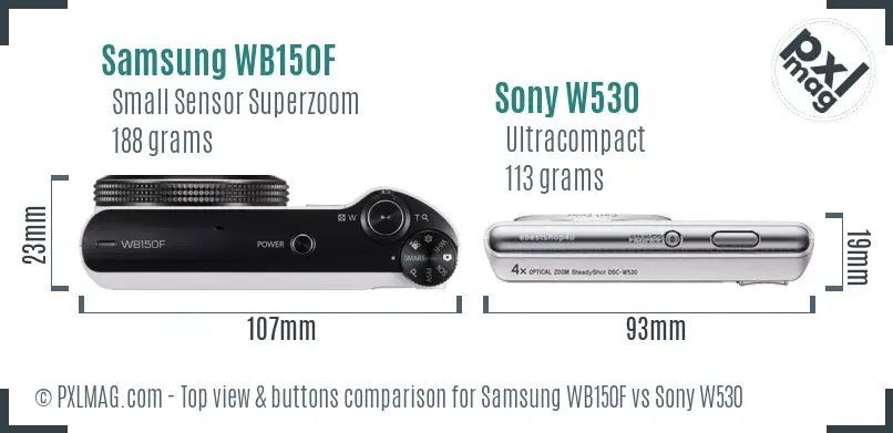 Samsung WB150F vs Sony W530 top view buttons comparison