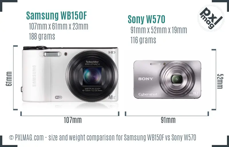 Samsung WB150F vs Sony W570 size comparison