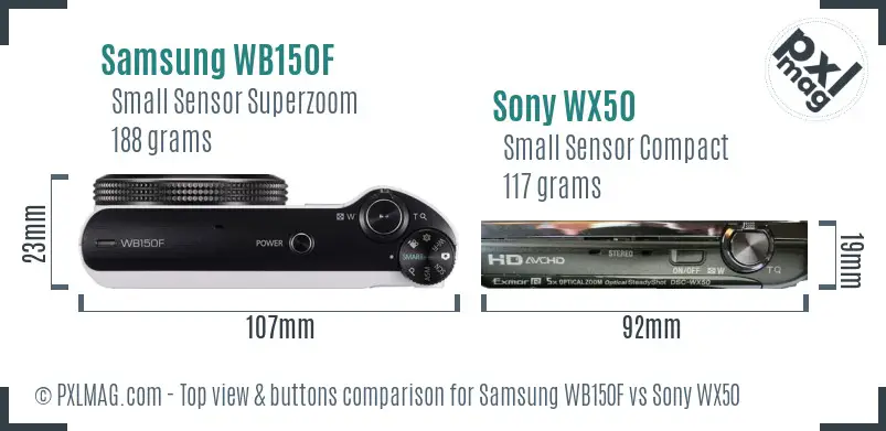 Samsung WB150F vs Sony WX50 top view buttons comparison