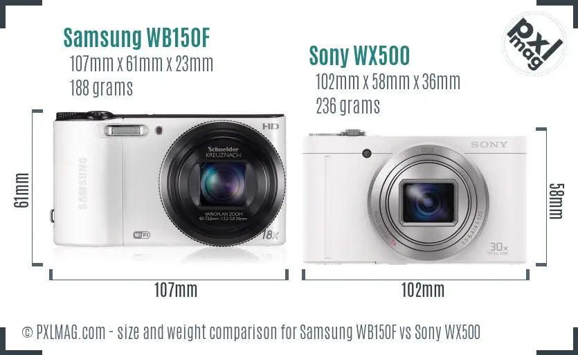 Samsung WB150F vs Sony WX500 size comparison
