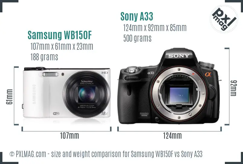 Samsung WB150F vs Sony A33 size comparison