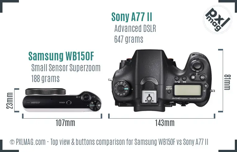 Samsung WB150F vs Sony A77 II top view buttons comparison Samsung WB150F vs Sony A77 II top view buttons comparison