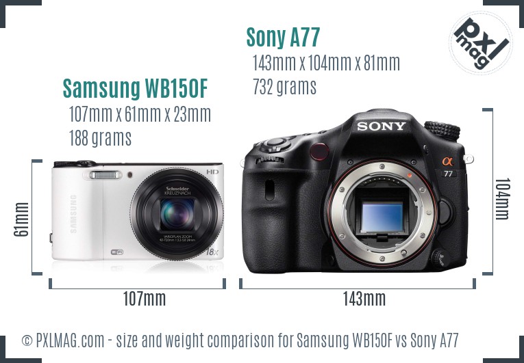 Samsung WB150F vs Sony A77 size comparison