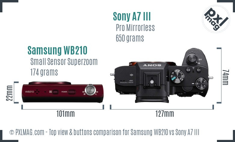 Samsung WB210 vs Sony A7 III top view buttons comparison