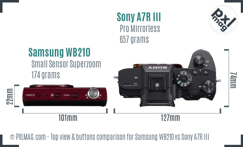 Samsung WB210 vs Sony A7R III top view buttons comparison