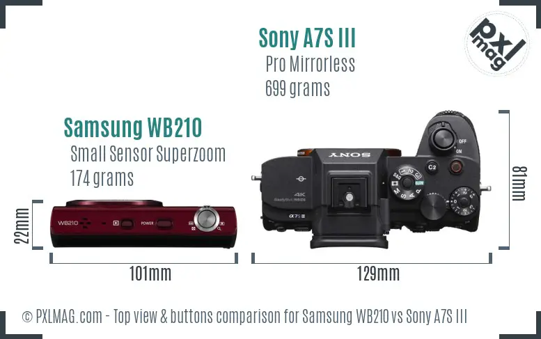 Samsung WB210 vs Sony A7S III top view buttons comparison