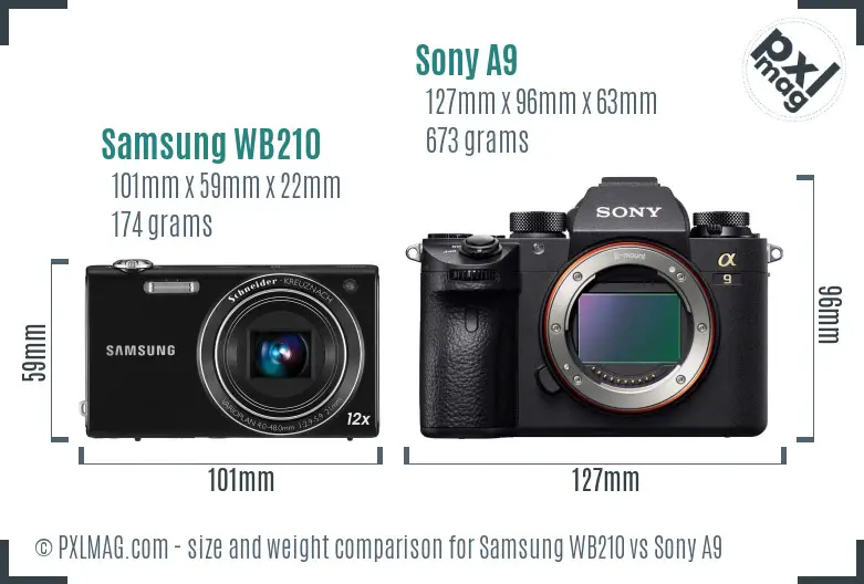 Samsung WB210 vs Sony A9 size comparison