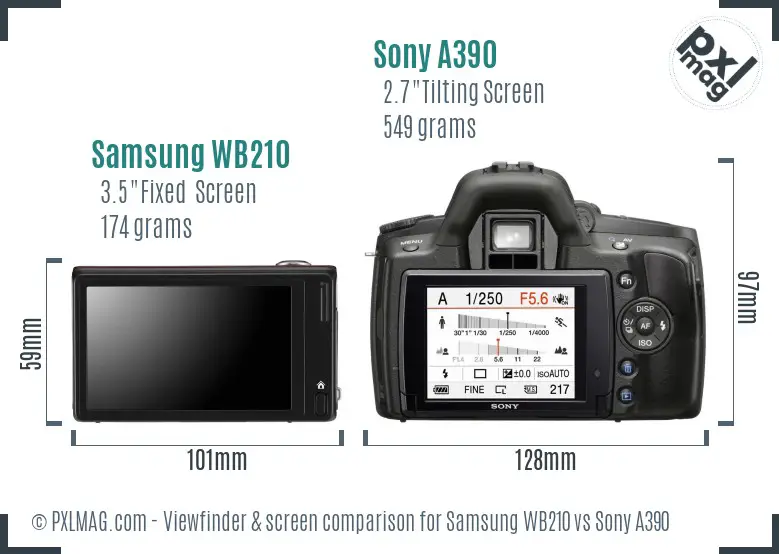 Samsung WB210 vs Sony A390 Screen and Viewfinder comparison