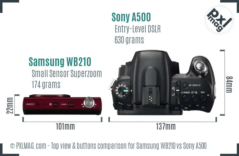 Samsung WB210 vs Sony A500 top view buttons comparison Samsung WB210 vs Sony A500 top view buttons comparison