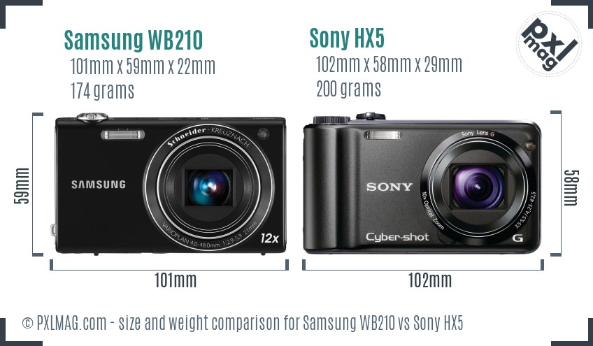 Samsung WB210 vs Sony HX5 size comparison