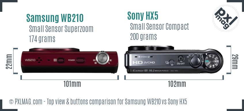 Samsung WB210 vs Sony HX5 top view buttons comparison