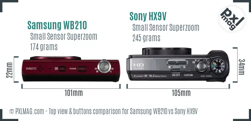 Samsung WB210 vs Sony HX9V top view buttons comparison Samsung WB210 vs Sony HX9V top view buttons comparison
