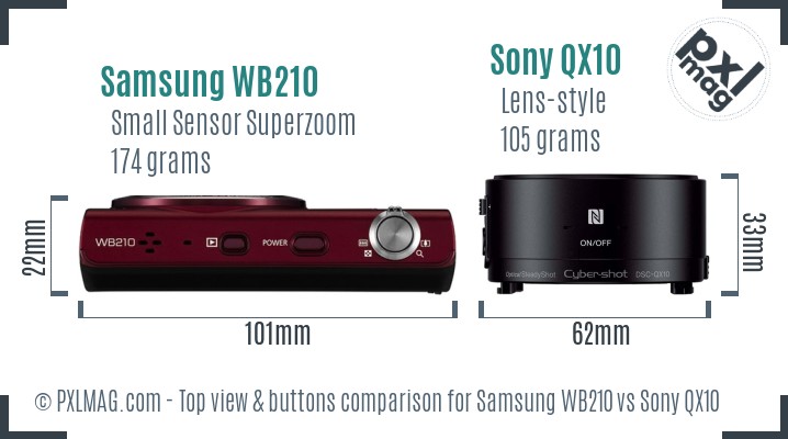 Samsung WB210 vs Sony QX10 top view buttons comparison