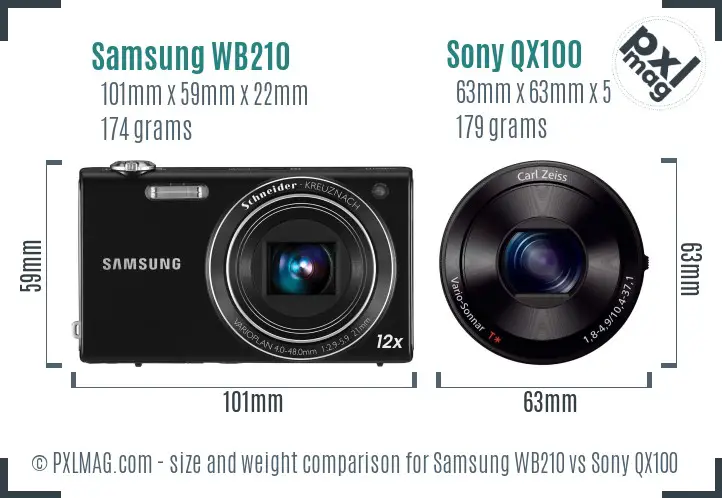 Samsung WB210 vs Sony QX100 size comparison