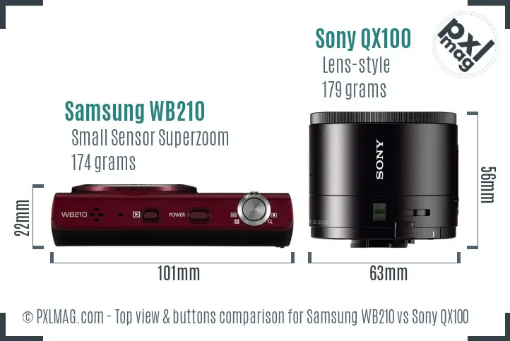 Samsung WB210 vs Sony QX100 top view buttons comparison