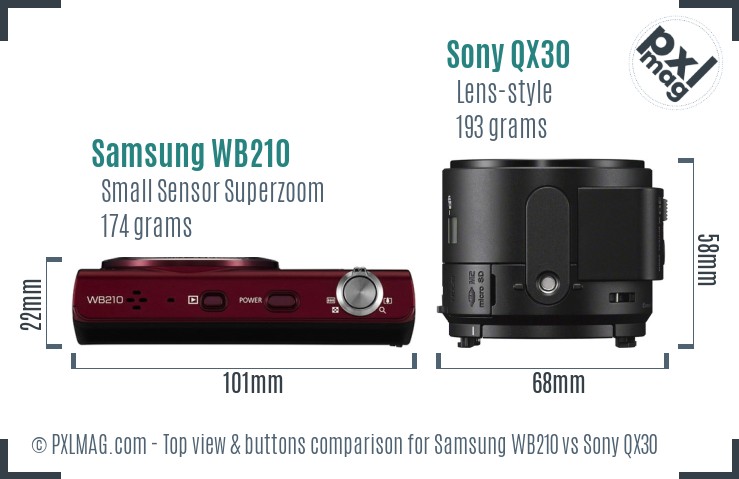 Samsung WB210 vs Sony QX30 top view buttons comparison