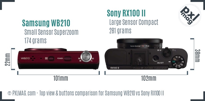 Samsung WB210 vs Sony RX100 II top view buttons comparison
