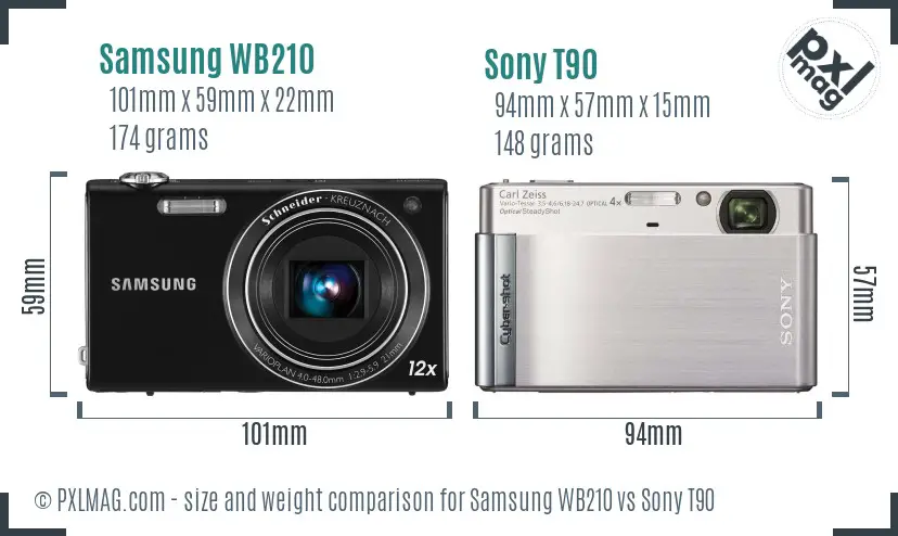 Samsung WB210 vs Sony T90 size comparison