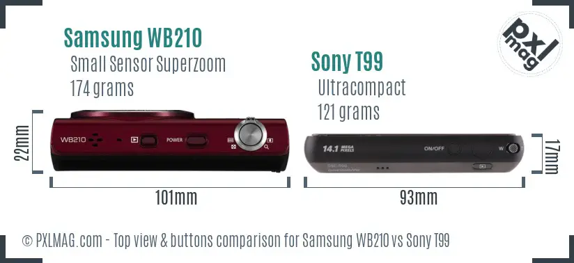 Samsung WB210 vs Sony T99 top view buttons comparison Samsung WB210 vs Sony T99 top view buttons comparison