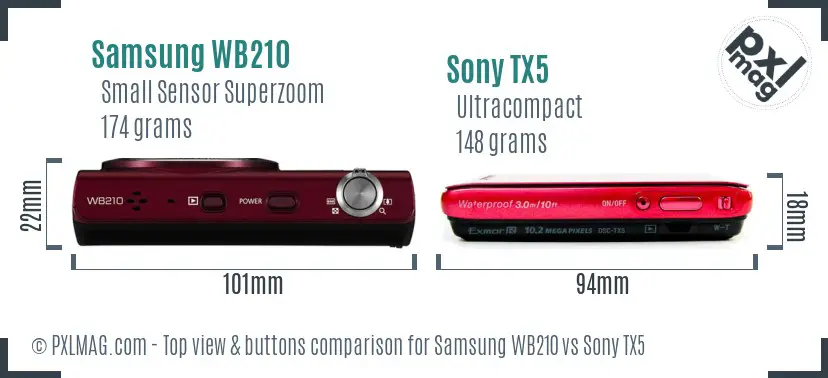 Samsung WB210 vs Sony TX5 top view buttons comparison