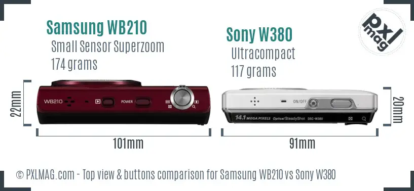 Samsung WB210 vs Sony W380 top view buttons comparison