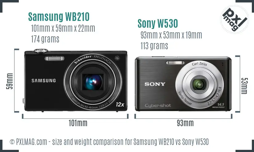 Samsung WB210 vs Sony W530 size comparison