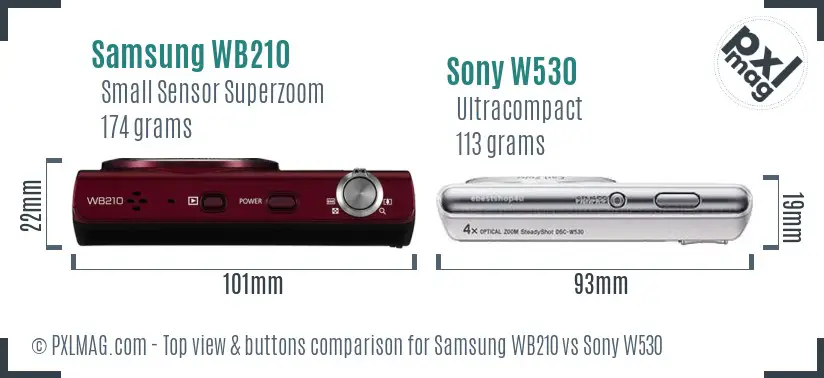 Samsung WB210 vs Sony W530 top view buttons comparison