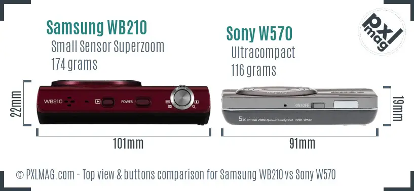 Samsung WB210 vs Sony W570 top view buttons comparison